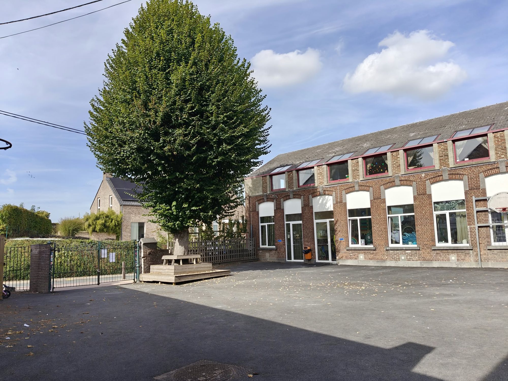 La façade de l’école et son grand arbre, vue depuis l’entrée